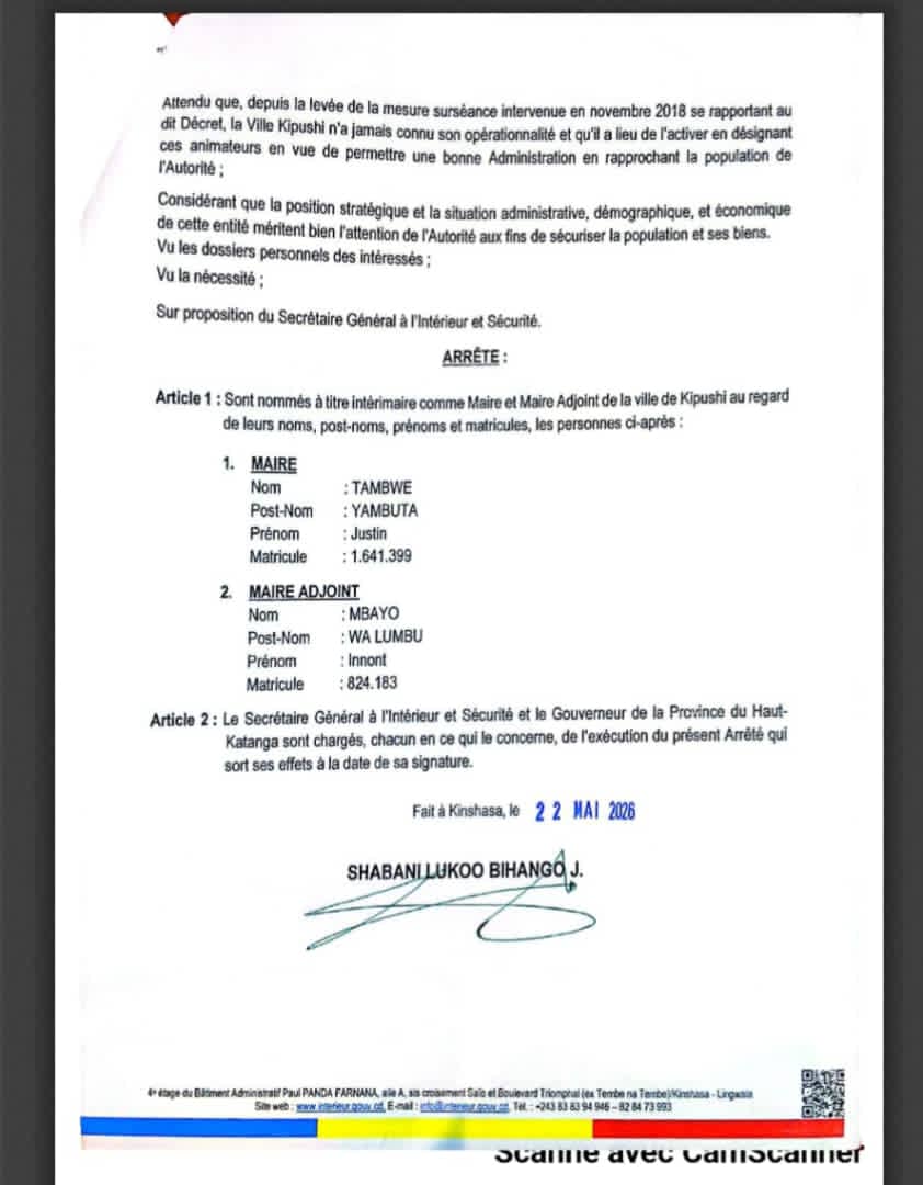 HAUT-KATANGA : De nouvelles autorités intérimaires nommées à la tête de la ville de Kipushi.