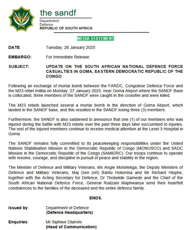 Violence à l&rsquo;Est de la RDC : Le SANDF Perd Quatre de ses&nbsp;Membres