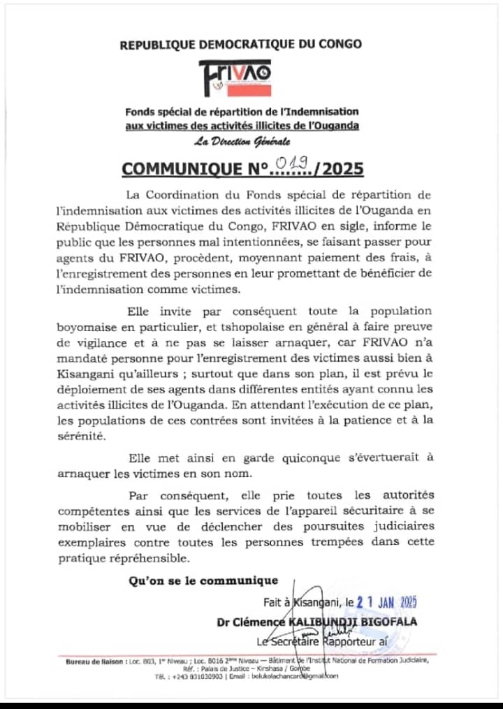 Alerte de la FRIVAO : Mise en garde contre les arnaques liées à des victimes des activités illicites en RDC