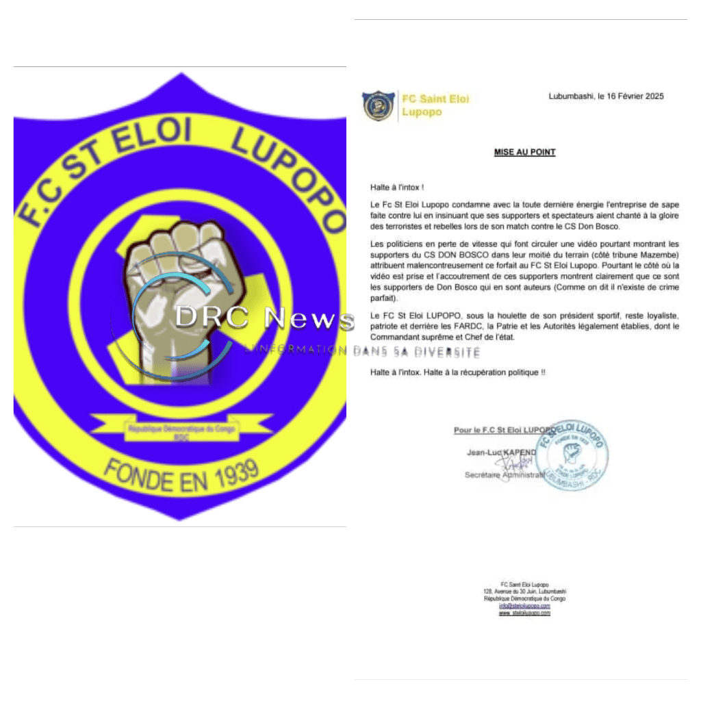RDC : FC Saint Eloi Lupopo dément les accusations d&rsquo;apologie aux groupes&nbsp;armés