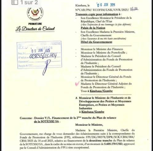 RDC : La Première Ministre annule un don controversé de 7 millions USD à la&nbsp;SOTEXKI