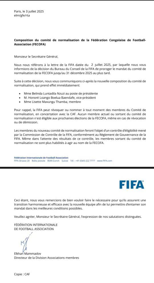 SPORT : la FIFA renouvelle le mandat du Conor de la Fecofa jusqu’au 31 décembre&nbsp;2025