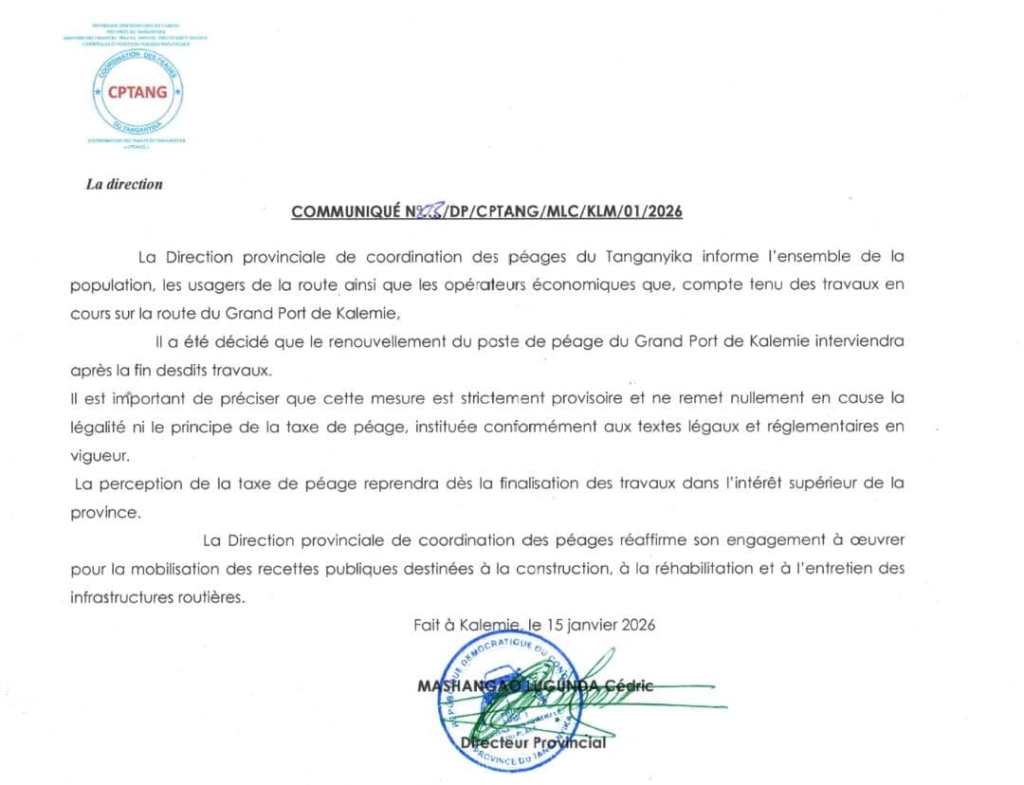 Tanganyika : Mashangao Lugunda a-t-il cédé à la pression ? Le poste de péage du port de Kalemie suspendu contre toute&nbsp;attente